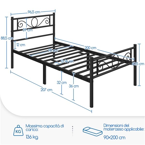 Yaheetech Set di 2 Struttura Letto Singolo in Ferro Battuto a Doghe in Metallo Stile Moderno Testiera Elegante Nero 90 x 200 cm