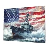 American Flag Battleship Canvas Wall Art US Navy Painting Military Warship Pictures Framed for Kitchen Bathroom Bedroom Living Room Office Patriotic Modern Home Wall Decor 12'x16'