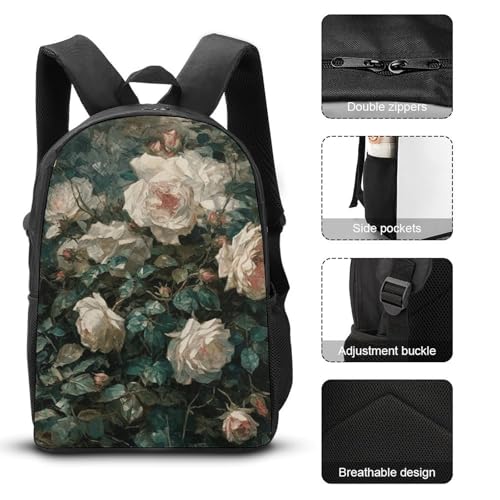 Roses Print Backpack Set Lightweight Bag Lunch Box Pencil Bags for Women Men Bookbags 3 in 13