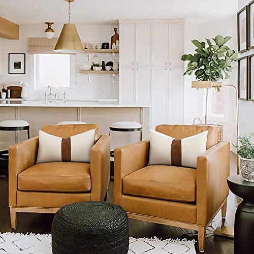Cygnus Set Of 2 White Linen Patchwork Faux Leather Throw Lumbar Pillow Covers For Couch Living Room Bedroom,Modern Accent Decor Lumbar Covers 12X20 Inch thumb #2