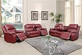AYCP Bonded Leather 3 Pieces Reclining Sofa Set (Loveseat, Sofa) with Storage and Dropdown Coffee Tables, Red