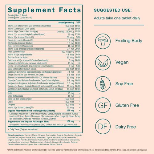 True Grace One Daily Women’s Multivitamin Fermented Minerals, Organic Adaptogens & Mushrooms Whole Body Balance, Immune, Energy, Beauty Support - Non-Gmo, Gluten Free, Soy Free - 60 Vegan Tablets #TOP1