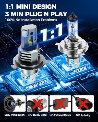 Image of Marsauto Upgraded H4 /9003 /HB2 LED Bulbs, 28000 Lumens 800% Super Brighter 9003 Led Bulbs, Ture 1:1 Size as Halogen Bulbs,6000k Cool White Wireless Kit for M1S H4 Blubs, Plug & Play, Pack of 2