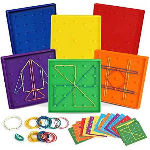 6 Pack Double-Sided Geoboard Mathematical Manipulative Material Array Block Geo Board, Educational Toy for Kids with Rubber Bands and 15pcs Pattern Card, STEM Shape Puzzle Brain Teaser Toy, 5x5 Inch Cover
