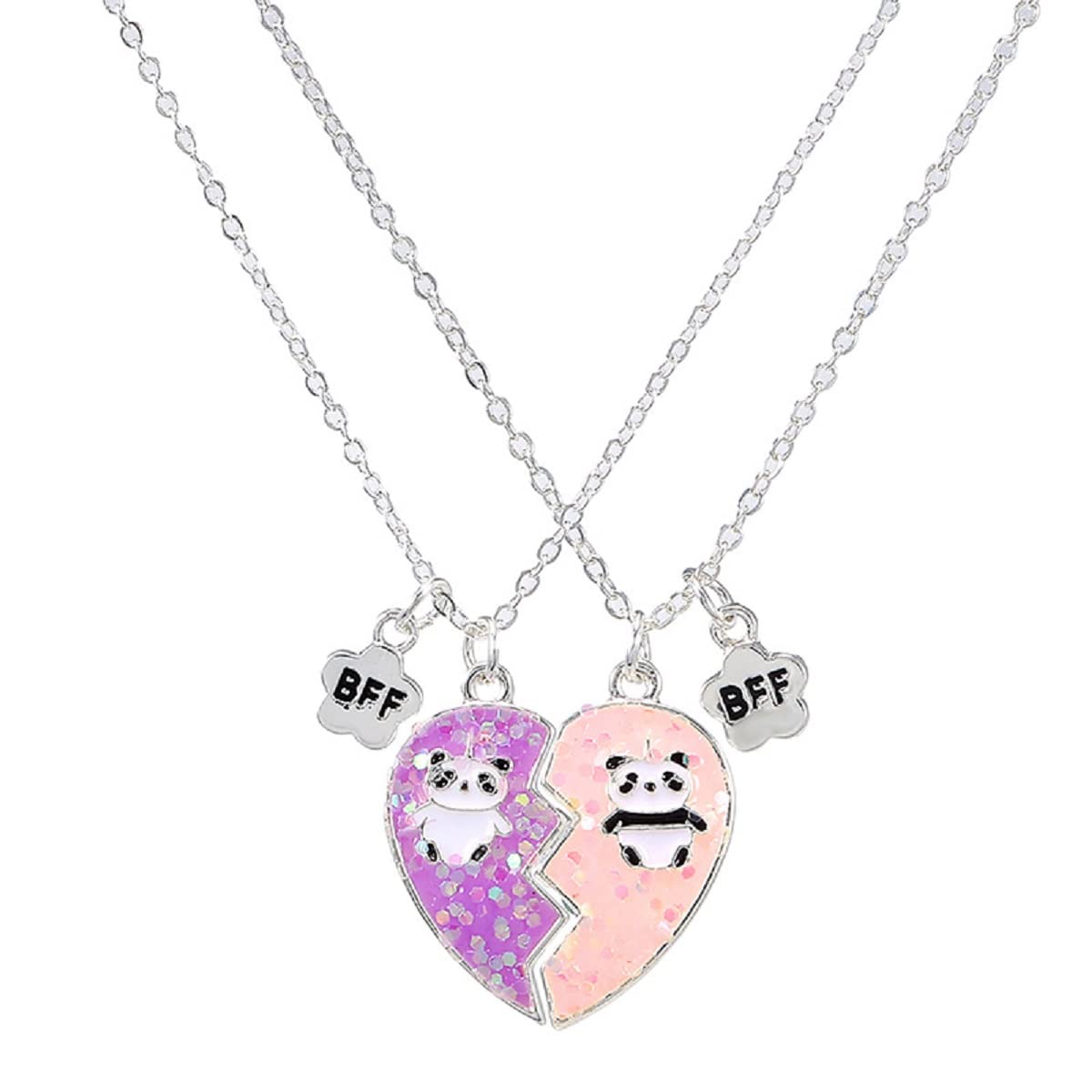 COLORFUL BLING 2 Pcs Set Best Friends Forever Half Heart Pendant Panda Kola Necklace Couple Lover BFF Friendship Jewelry for Women