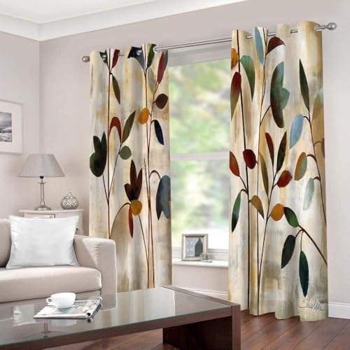 ZZTBQ Feuilles Floral Lot de 2 Rideaux Occultants, Feuilles Floral Fleurs Rideau Thermique Isolant Anti Froid, 140x220, Rideau Occultant avec Œillets Rideau...