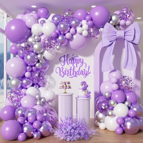 Image of 150Pcs Purple Balloons Garland Arch Kit - 5 10 12 18 inch Lavender Pastel Metallic Purple Confetti Balloons Silver White Latex Balloon for Girl Birthday Baby Shower Princess Party Decorations