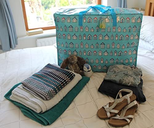 Extra Large Storage Bags Water & Dust Resistant. Double zipped storage bags for toys, laundry, bedding. Underbed Wardrobe Space Saver Blue Beach huts (65 ltr 2x Pack)