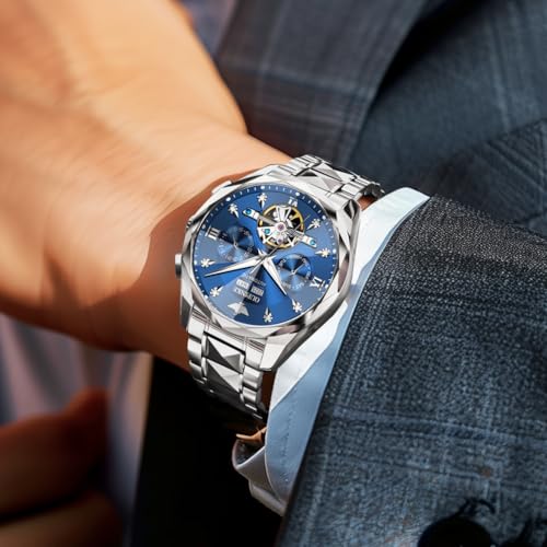 Image of OUPINKE Men's Watches Automatic Self-Winding Luxury Diamond Mirror Skeleton Mechanical Watch Date Dress Business Tungsten Steel Waterproof Luminous Wrist Watches for Men