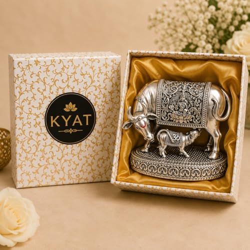 Image of KYAT 999 Pure Silver Plated Kamdhenu Cow with Calf Idol | 2.5 Inch Vastu Showpiece for Pooja Room & Mandir | Symbol of Prosperity & Wealth | Diwali Griha Pravesh Gift