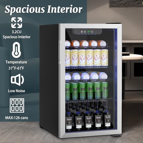Image of DOGHLY 3.2 Cu.ft Beverage Refrigerator Cooler, 126 Can Mini Fridge with Glass Reversible Door, Digital Temperature Display for Soda, Beer or Wine For Office Bar with Adjustable Removable Shelves