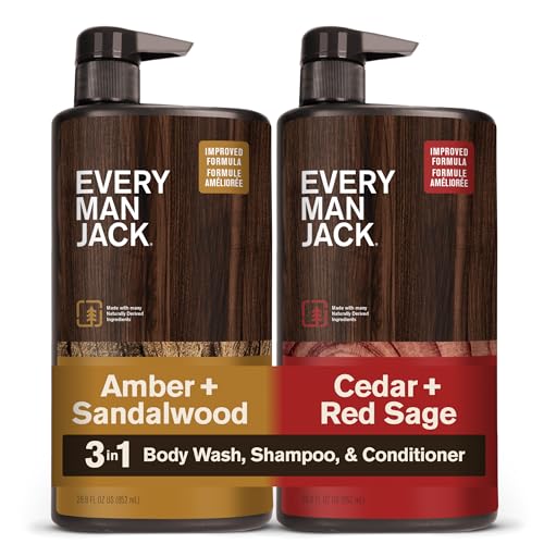 Every Man Jack Mens 3-in-1 All Over Wash for All Skin and Hair Types - Amber + Sandalwood & Cedar + Red Sage Bundle - Cleanse and Nourish w/Naturally Derived Ingredients - 28.8 fl. oz (2 Pack)
