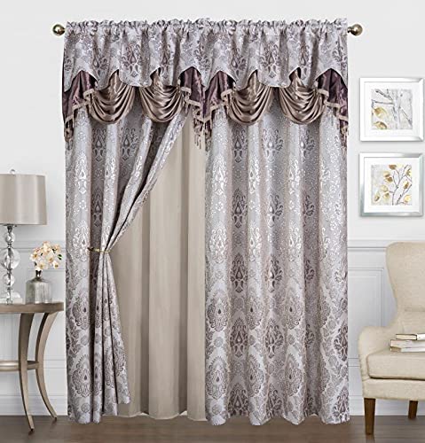 Sapphire Home Shiny Jacquard Curtain Drape Set (2 Panels) 84-Inch Long, Includes Attached Valance, Sheer Backing, 2 Tassels, Damask Medallion Floral Drape for Living Rooms, (Avery, 84 , Taupe)