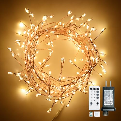Dailyart Fairy Lights Plug in, 200 Led Twinkle String Light with Remote 10Ft 8 Modes Warm Cluster Lights with Timer for Bedroom Wreath Party Window Wedding Christmas Tree Decoration Gold Wire