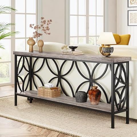 Tribesigns 70.9-Inch Narrow Sofa Table, Industrial Long Sofa Table Behind Couch, Entry Console Table with Storage for Entryway, Living Room, Foyer, Unique Design, Vintage Grey Cover