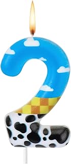 Number 2 Story-Inspired Cartoon Game Birthday Number Candles, 2nd Blue Sky and White Cloud Cow Cake Toppers, Cartoon-Themed Party Decorations for Boys and Girls