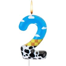 Number 2 Story-Inspired Cartoon Game Birthday Number Candles, 2nd Blue Sky and White Cloud Cow Cake Toppers, Cartoon-Themed Party Decorations for Boys and Girls