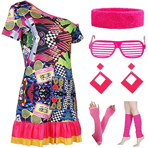BITOWO 80s Fancy Dress for Women Neon Clothes With 80s Accessories 80 Style Fancy Dress Women 1980s Disco I Love The 80s Fancy Dress Costume 80s Outfits Off Shoulder 80s Neon Party Accessories (L) Cover