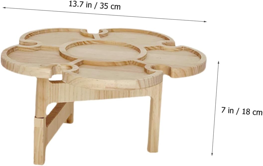 Hemoton Portable Foldable Wine Table with Wooden Tray, 35cm Diameter Petal Shape, Outdoor Picnic and Beach Folding Beverage Rack for Camping and BBQ