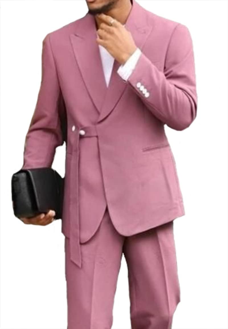 2 PCS Men's Suit Casual Slim Fit Suit Tuxedo Blazer Pants Suits w/Belt for Work Wedding Party