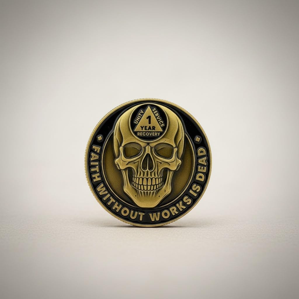 1 Year Skull Sobriety Coin- Sobriety Anniversary- AA Coins and Medallions- Unique Sobriety Gift- AA Milestone Coin- Sobriety Chips and Sobriety Coins