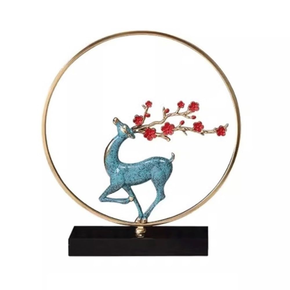 Décoration bureau cerf fleurs prunier : objet déco salon en cuivre bleu format L créatif