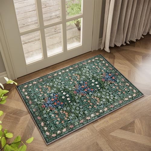 Image of Floral Non-Slip Washable Entryway Rug, 2x3 Boho Forest Design Green, Soft Indoor Door Mat for Kitchen, Bedroom & Bathroom, Ultra-Thin Easy Clean Small Throw Carpet