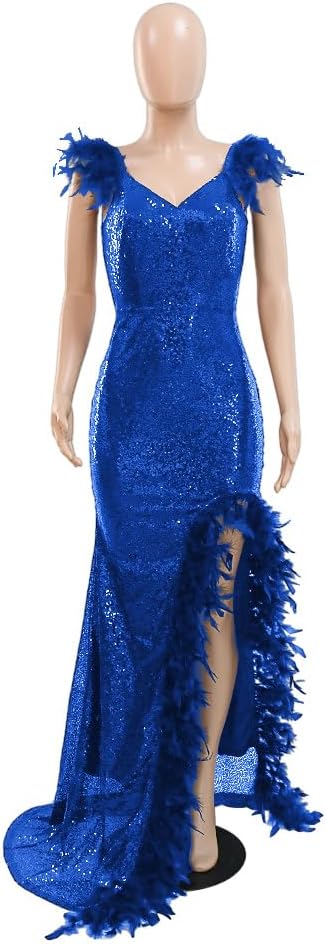 Women's Sexy Sequin Feather Prom Dresses 2025 High Slit Deep V Neck Evening Formal Masquerade Ball Gown Maxi Dress - Image 4