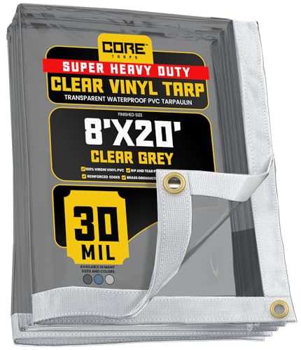 Core Tarps 30 Mil Extreme Heavy Duty Clear Tarp with Grommets - 8x20ft Super Clear Tarps Heavy Duty Waterproof Vinyl Tarpaulin, Transparent Tarp for Outdoor, Camping & Construction, Clear Grey