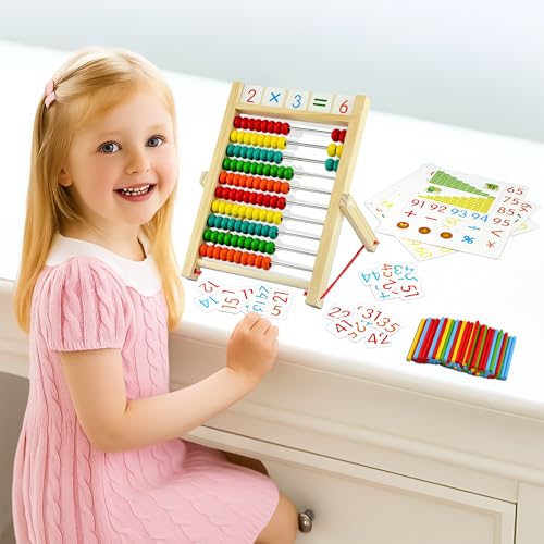 VingaHouse Grundschule Rechenschieber Abakus, Abacus Rechner Kinder Abakus Zählrahmen zum Rechnen mit 100 mehrfarbigen Perlen Zählstäbchen,Zahlenalphabetkarten,Abakus Spielzeug Kinder ab 3 Jahre