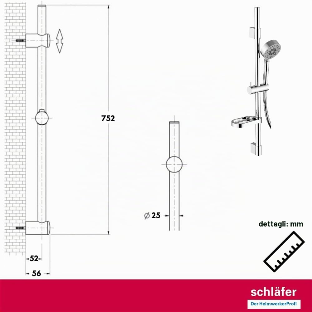 Schläfer 1317200 | Set Saliscendi Doccia con Soffione in Acciao Inox, Asta Doccia Regolabile 40-62cm, Doccetta a 5 Getti con Sistema Anticalcare Cromato, Flessibile Doccia e Portasapone Incluso