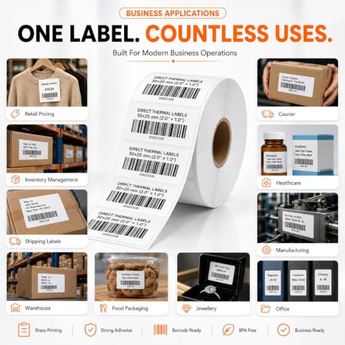 Image of Shreyans Direct Thermal Labels (Pack of 10, 50mm x 25mm) - Non Tearable, Scratch Free, Water Proof & Non Fade Stickers with Permanent Marking - 5000 Labels