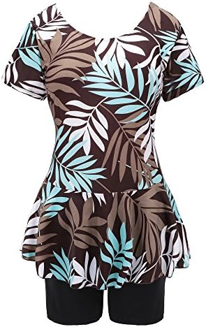 Knaspor One Piece Swim Dress Modest Swimsuit for Women Floral Leaf Print Short Sleeve Swimwear