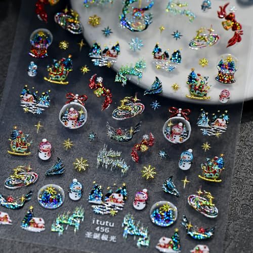 Image of Christmas Crystal Ball Nail Stickers Snowman Nail Art Stickers with Gold Design 5D Embossed Self Adhesive Nail Decals for Nails Art Xmas Manicure Decoration Accessories for Women Girls