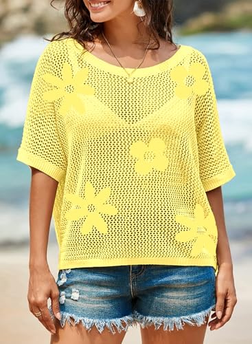 Image of Dokotoo Womens Floral Fashion Summer Tops 2026 Short Sleeve Crochet Sweaters Swimsuit Cover Ups Lightweight Knit Pullover