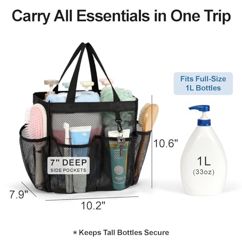 Mesh-Shower-Caddy-Portable-8-Pockets-S-Hook-Shower-Bag-for-Dorm-Camping-2-Handle-Quick-Dry-Hanging-Toiletry-Organizer-College-Dorm-Room-Essentials-for-Girls-Gym-Travel-Bathroom-Black