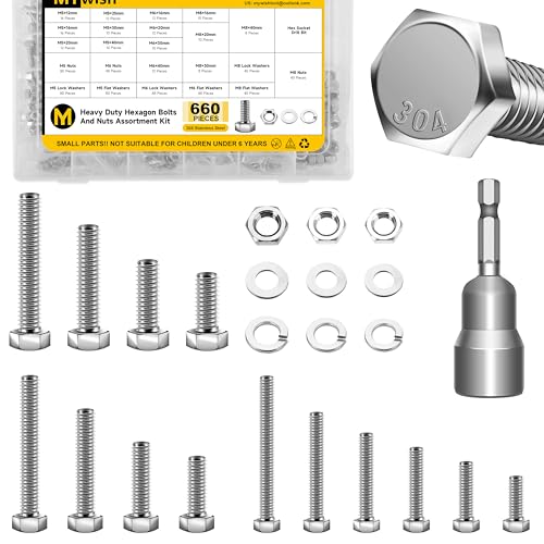Mywish 660PCS M5 M6 M8 Bolt Screw Set, Assorted Hex Head Metric Bolt Assortment, 304 Stainless Steel, Bolts and Nuts Kit Flat & Spring Washers, Fully Thread