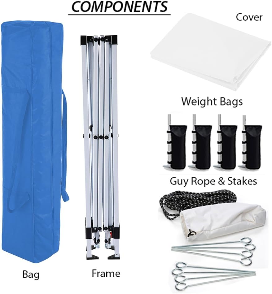King Canopy Value King Easy Shut 8-Feet by 8-Feet Instant Pop up Canopy with Weight Bags,Guy Ropes and Stakes, Fiberglass Rod, Dome Roof, White