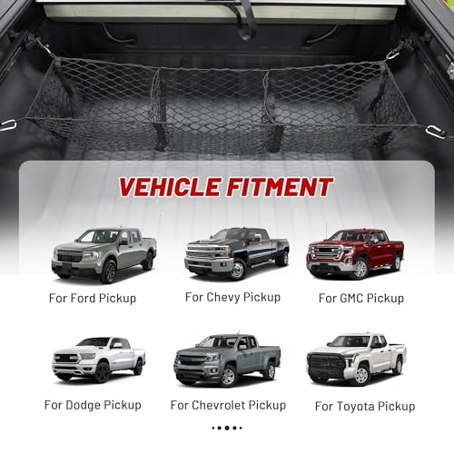 RED WOLF 3 Pocket Truck Bed Cargo Net for Toyota Ford Dodge GMC Chevy Silverado, Universal Pickup Mesh Storage Net 47.2\" x 11.8\" Stretchable Elastic Truck Bed Grocery Holder Net with 4 Ball Bungees