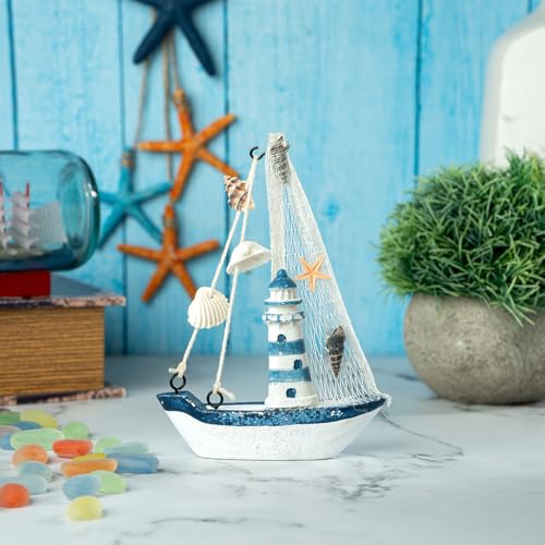 Image of Decorative Sailboat Nautical Model Showpiece - 16x3x11.5 cm | Miniature Sailing Boat Showpiece for Home Decor, Cafe, Office & Table Desk Decoration | Small Size Dark Blue-Light House