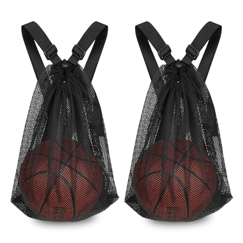 Mordx 2Stück Korbball Mesh Taschen, Kordelzug Basketball Netz Tasche, Fußball Netzbeutel, Rucksack Mesh Bag, Zusammenklappbar, Zum Tragen von Basketball, Volleyball, Fußball und Tischtennis, Schwarz