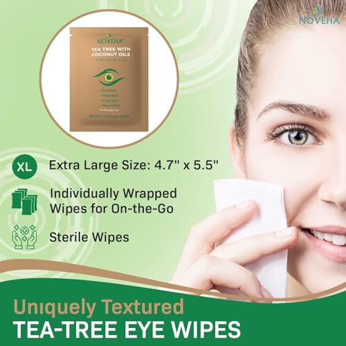 Image of NOVEHA 360PCs Tea Tree & Coconut Oil Eyelid & Lash Wipes | For Demodex, Blepharitis & Itchy Eyes, Box Of 60 Individually Wrapped Eyelash Wipes With Aloe Vera, Natural Makeup Remover