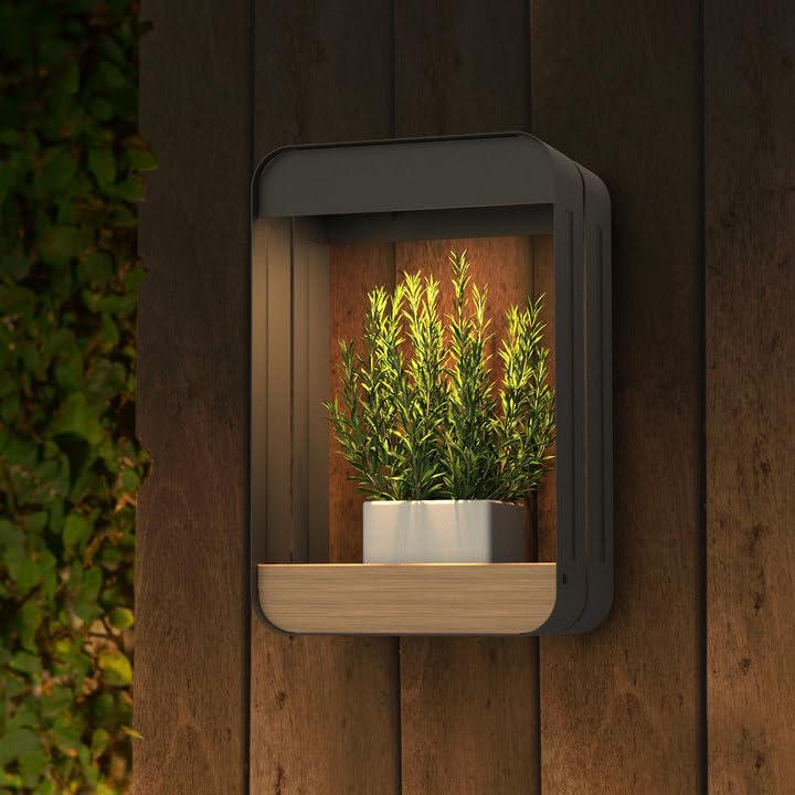 Grand patio Outdoor Solar Wall Sconce Shelf Planter, Decor LED Waterproof Wall Light Lamp with Woodgrain for Patio, Porch, Solar Energy, Black (S-Rectangle)