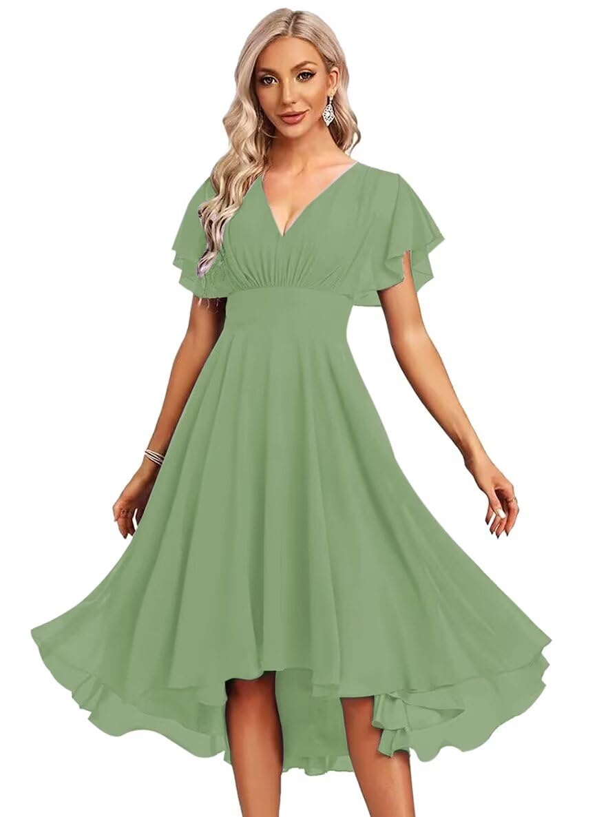JAKIPPY Women's Chiffon Bridesmaid Dresses Ruffle Sleeves V Neck Formal Dress Short Bridesmaid Dress