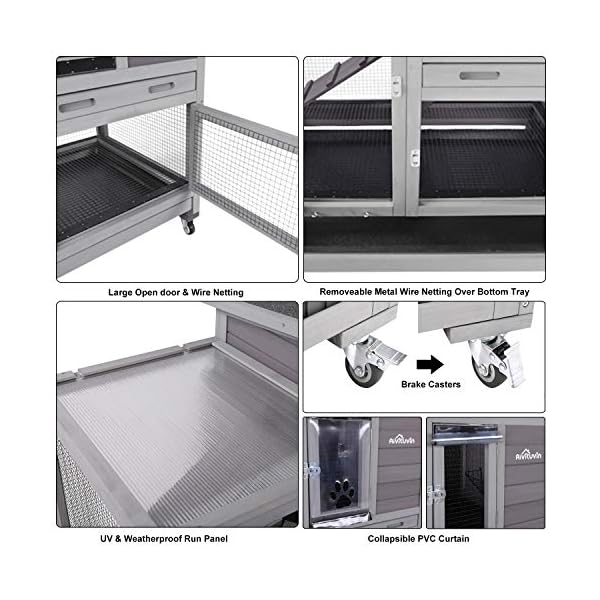 Aivituvin Rabbit Hutch, Indoor Bunny Cage with Run Outdoor Rabbit House with Two Deeper No Leak Trays - 4 Casters Include (Grey) - Image 3