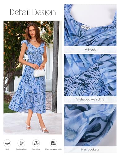 Image of GRACE KARIN Women's Summer Floral Maxi Dress 2026 Ruffle Sleeve Smocked Sundress Flowy Wedding Guest Long Dresses with Pocket