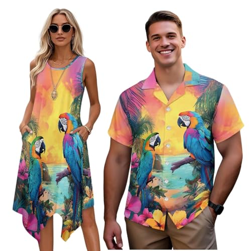 Conjunto hawaiano de camisa de manga corta y vestido asimétrico sin mangas de 2 piezas