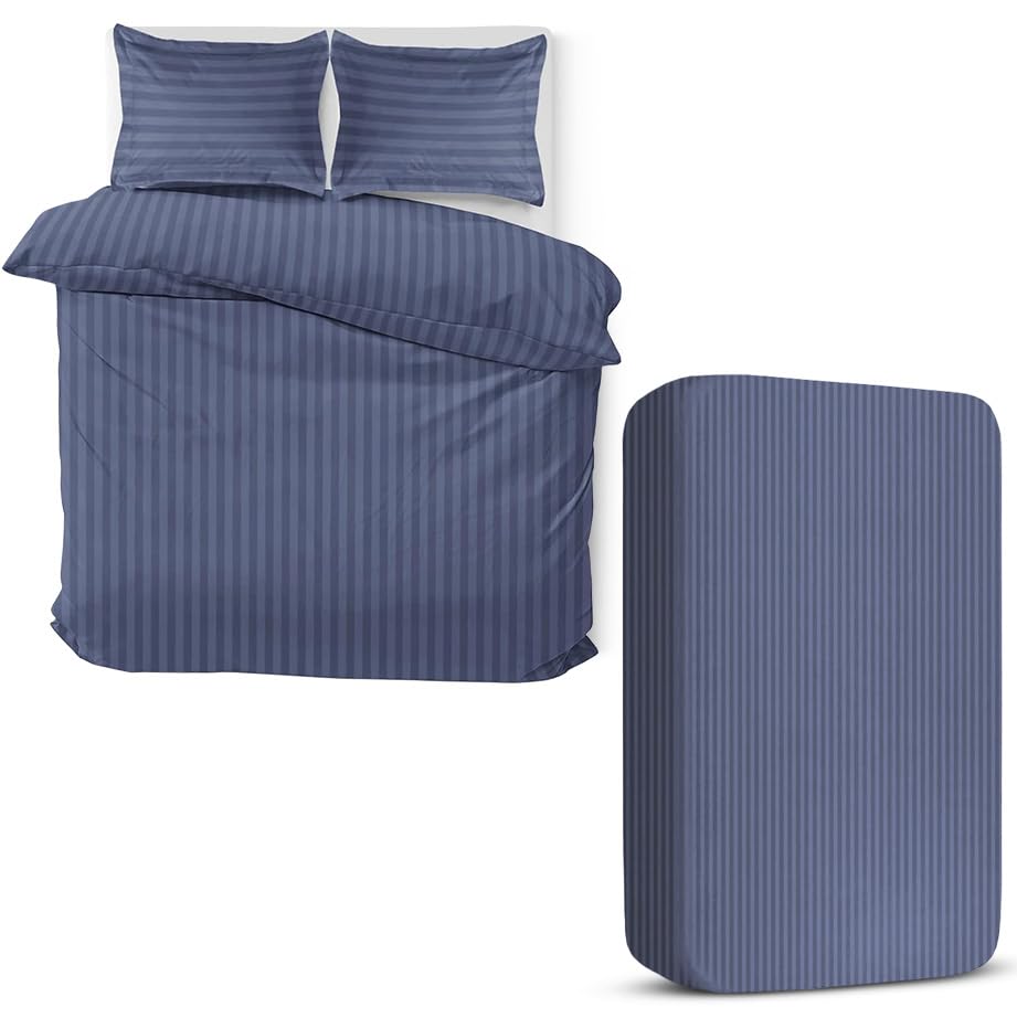 MOONLIGHT20015 4 Piece Super King Bedding Set Satin Stripes Duvet Cover Fitted Sheet with Pillow cases Hotel Quality Soft Brushed Microfiber Washed Blue โ image 1