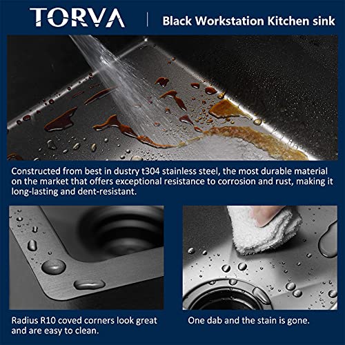 Torva 32-Inch Gloss Black Workstation Undermount Single Bowl Kitchen Sink, 16 Gauge Stainless Steel With Pvd Coated Gunmetal Sink, Nanotek Sink With Bamboo Cutting Board And Drain Tray(Dark Gray) #TOP4