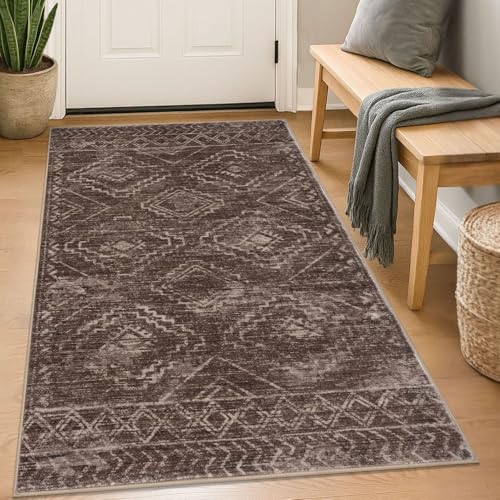 KILOCOCO Boho Entryway Rug 3x5 Area Rug Washable Non Slip Throw Rugs Soft for Kitchen Living Room Dining Bedroom Geometric Moroccan Carpet, Rust Red